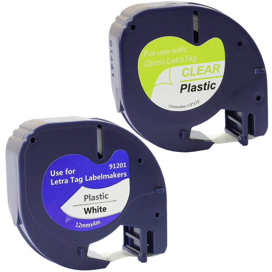 Prestige Cartridge™ 2x Compatible with Dymo LetraTag 91201 12267 Black on White/Transparent (12mm x 4m) Plastic Label Tapes for Dymo LetraTag LT-100H LT-100T LT-110T QX 50 XR XM 2000 Plus Label Makers - Prestige Cartridge