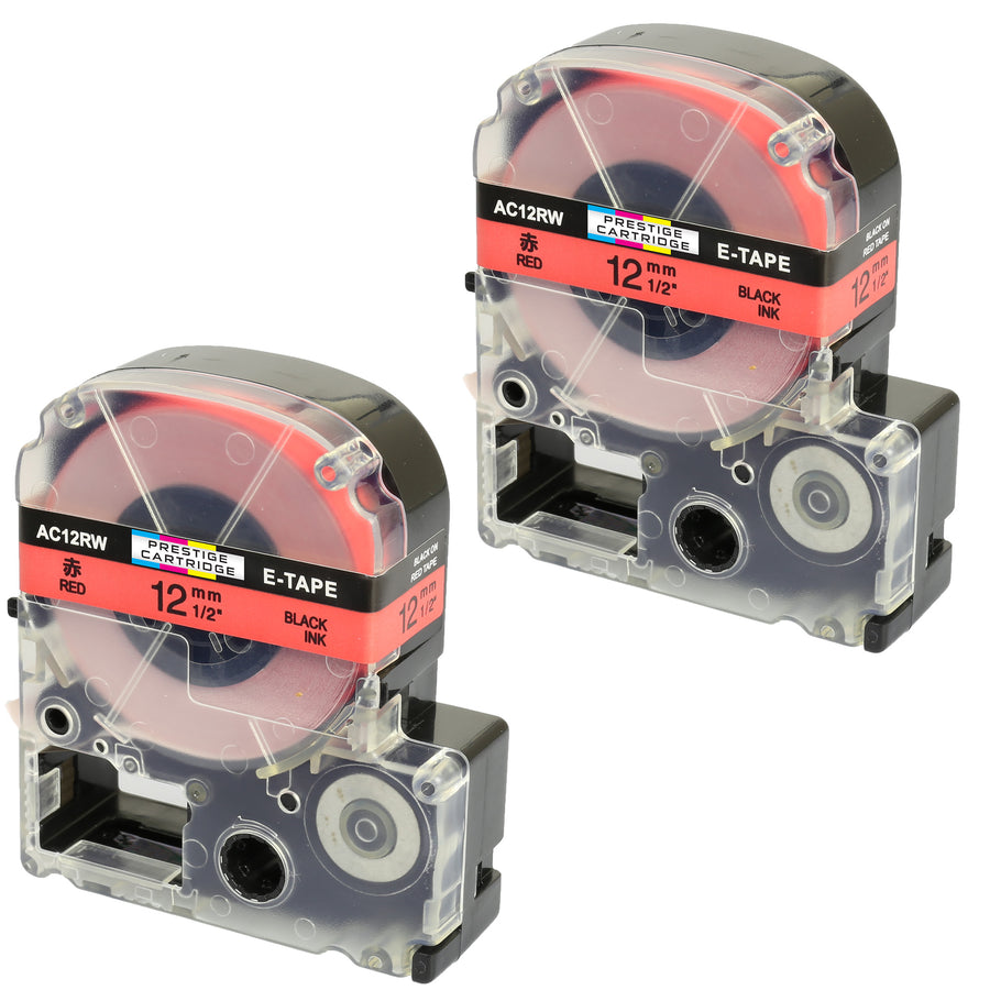 Prestige Cartridge™ Compatible AC12RW SC12RW Black on Red Label Tapes (12mm x 8m) for LabelWorks Printing Machines - Prestige Cartridge