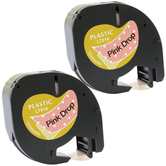 Prestige Cartridge™ Compatible Black on Pink Drop Plastic Tape (12mm x 4m) for Dymo LetraTag LT110T, LT100H, LT100T, QX50, XR, XM, 2000, Plus - Prestige Cartridge