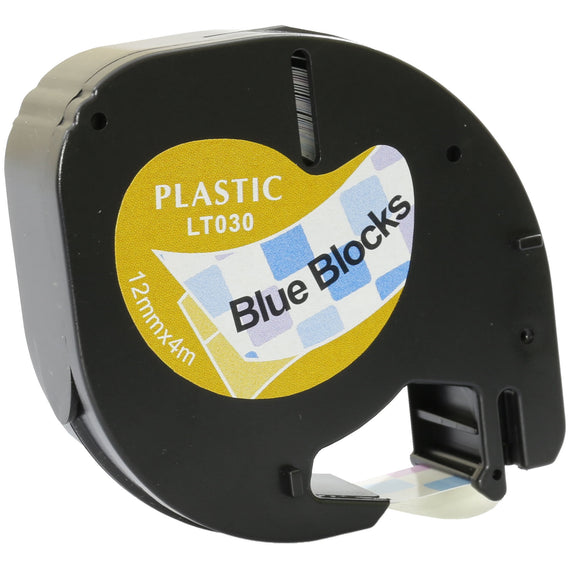 Prestige Cartridge™ Compatible Black on Blue Blocks Plastic Tape (12mm x 4m) for Dymo LetraTag LT110T, LT100H, LT100T, QX50, XR, XM, 2000, Plus - Prestige Cartridge