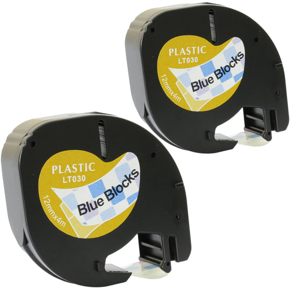 Prestige Cartridge™ Compatible Black on Blue Blocks Plastic Tape (12mm x 4m) for Dymo LetraTag LT110T, LT100H, LT100T, QX50, XR, XM, 2000, Plus - Prestige Cartridge