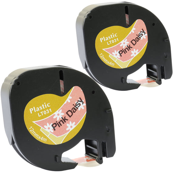 Prestige Cartridge™ Compatible Black on Pink Daisy Plastic Tape (12mm x 4m) for Dymo LetraTag LT110T, LT100H, LT100T, QX50, XR, XM, 2000, Plus - Prestige Cartridge