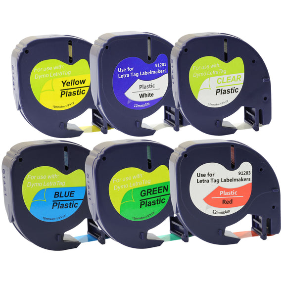 Prestige Cartridge™ 6x Compatible with Dymo LetraTag Black on White/Yellow/Red/Green/Blue/Transparent (12mm x 4m) Plastic Label Tapes for Dymo LetraTag LT-100H LT-100T LT-110T QX 50 XR XM 2000 Plus Label Makers - Prestige Cartridge