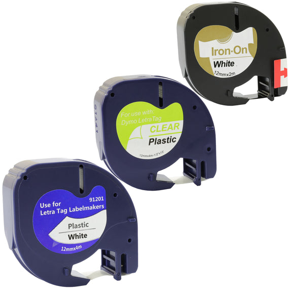 Prestige Cartridge™ 3x Compatible with Dymo LetraTag Black on White/Transparent Plastic (12mm x 4m) & Iron-On Fabric (12mm x 2m) Label Tapes for Dymo LetraTag LT-100H LT-100T LT-110T QX 50 XR XM 2000 Plus - Prestige Cartridge