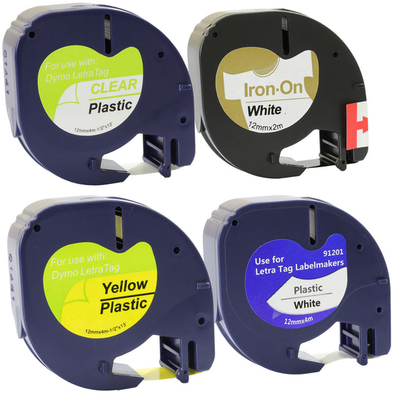 Prestige Cartridge™ 4x Compatible with Dymo LetraTag Black on White/Transparent/Yellow Plastic 12mm x 4m & Iron-On Fabric 12mm x 2m Label Tapes for Dymo LetraTag LT-100H LT-100T LT-110T QX 50 XR XM 2000 Plus - Prestige Cartridge