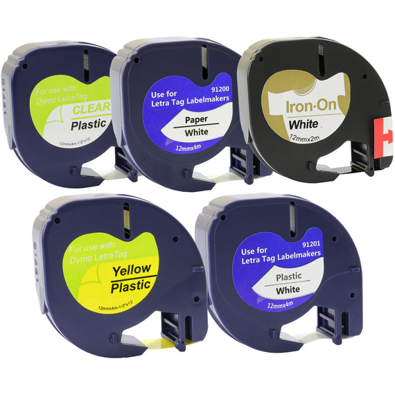 Prestige Cartridge™ 5x Compatible with Dymo LetraTag Black on White/Transparent/Yellow Plastic, Paper 12mm x 4m & Iron-On Fabric 12mm x 2m Label Tapes for Dymo LetraTag LT-100H LT-100T LT-110T QX 50 XR XM 2000 Plus - Prestige Cartridge