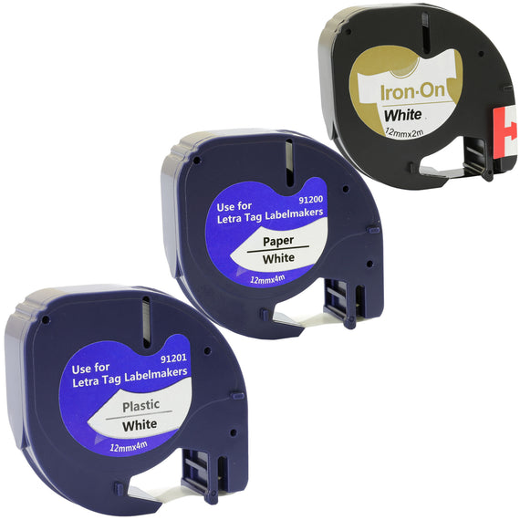 Prestige Cartridge™ 3x Compatible with Dymo LetraTag Black on White Plastic, Paper (12mm x 4m) & Iron-On Fabric (12mm x 2m) Label Tapes for Dymo LetraTag LT-100H LT-100T LT-110T QX 50 XR XM 2000 Plus Label Makers - Prestige Cartridge
