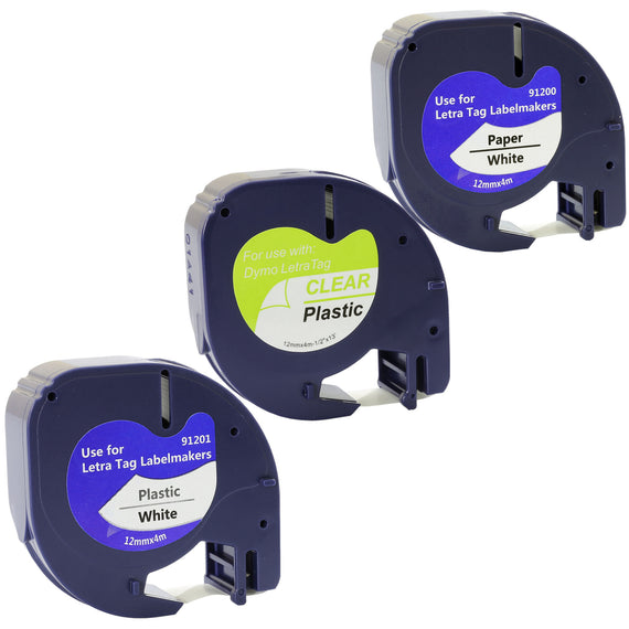 Prestige Cartridge™ 3x Compatible with Dymo LetraTag Black on White/Transparent Plastic & Paper Label Tapes (12mm x 4m) for Dymo LetraTag LT-100H LT-100T LT-110T QX 50 XR XM 2000 Plus Label Makers - Prestige Cartridge