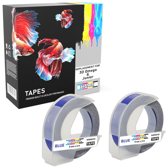 Prestige Cartridge™ S0898140 White on Blue Embossing Tapes (9mm x 3m) compatible with Dymo S0717930 Omega Home & S0717900 Junior Embossers - Prestige Cartridge