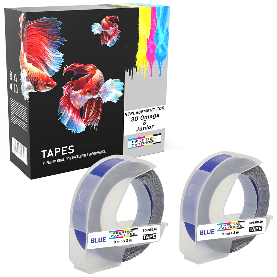 Prestige Cartridge™ S0898140 White on Blue Embossing Tapes (9mm x 3m) compatible with Dymo S0717930 Omega Home & S0717900 Junior Embossers - Prestige Cartridge