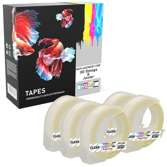 Prestige Cartridge™ White on Silver Embossing Tapes (9mm x 3m) compatible with Dymo S0717930 Omega Home & S0717900 Junior Embossers - Prestige Cartridge