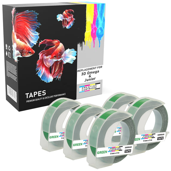 Prestige Cartridge™ White on Silver Embossing Tapes (9mm x 3m) compatible with Dymo S0717930 Omega Home & S0717900 Junior Embossers - Prestige Cartridge