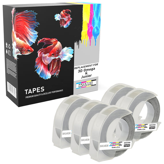 Prestige Cartridge™ White on Silver Embossing Tapes (9mm x 3m) compatible with Dymo S0717930 Omega Home & S0717900 Junior Embossers - Prestige Cartridge