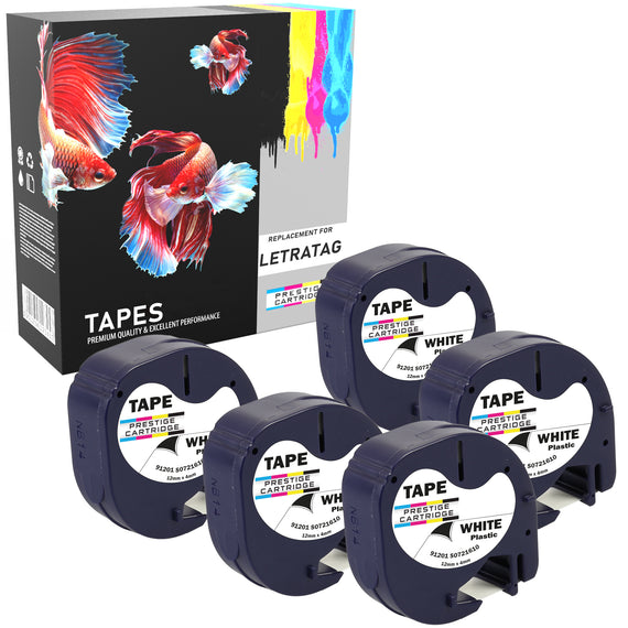 Prestige Cartridge™ Compatible LetraTag 91201 Black on White Plastic Tapes (12mm x 4m) for LetraTag LT110T, LT100H, LT100T, QX50, XR - Prestige Cartridge