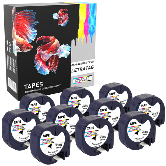 Prestige Cartridge™ Compatible LetraTag 91201 Black on White Plastic Tapes (12mm x 4m) for LetraTag LT110T, LT100H, LT100T, QX50, XR - Prestige Cartridge