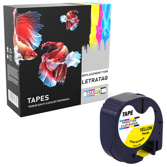 Prestige Cartridge™ Compatible LetraTag 91202 Black on Yellow Plastic Tapes (12mm x 4m) for LetraTag LT110T, LT100H, LT100T, QX50, XR - Prestige Cartridge