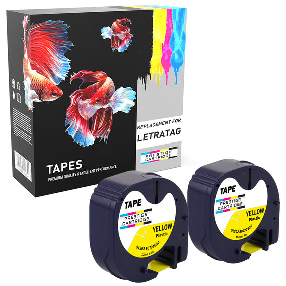 Prestige Cartridge™ Compatible LetraTag 91202 Black on Yellow Plastic Tapes (12mm x 4m) for LetraTag LT110T, LT100H, LT100T, QX50, XR - Prestige Cartridge