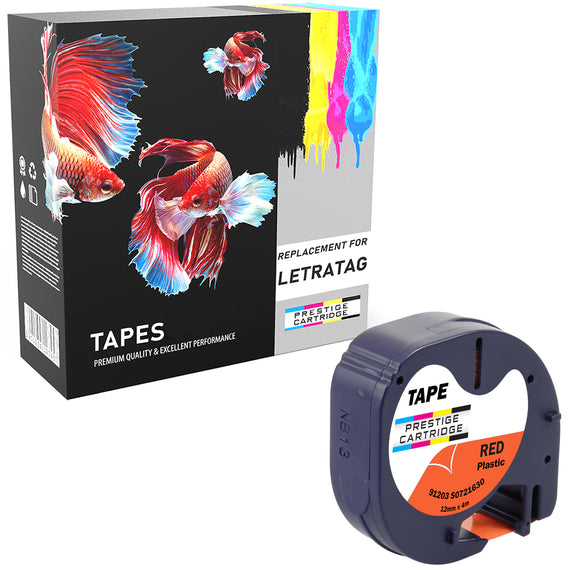 Prestige Cartridge™ Compatible LetraTag 91203 Black on Red Plastic Tapes (12mm x 4m) for LetraTag LT110T, LT100H, LT100T, QX50, XR - Prestige Cartridge