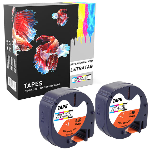 Prestige Cartridge™ Compatible LetraTag 91203 Black on Red Plastic Tapes (12mm x 4m) for LetraTag LT110T, LT100H, LT100T, QX50, XR - Prestige Cartridge