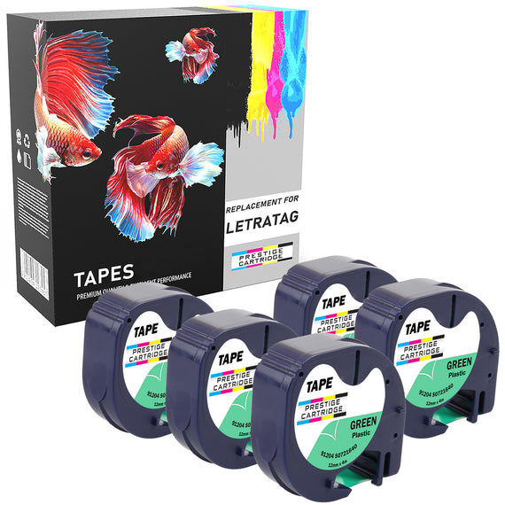 Prestige Cartridge™ Compatible LetraTag 91204 Black on Green Plastic Tapes (12mm x 4m) for LetraTag LT110T, LT100H, LT100T, QX50, XR - Prestige Cartridge