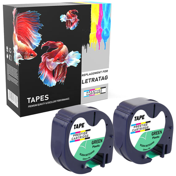 Prestige Cartridge™ Compatible LetraTag 91204 Black on Green Plastic Tapes (12mm x 4m) for LetraTag LT110T, LT100H, LT100T, QX50, XR - Prestige Cartridge