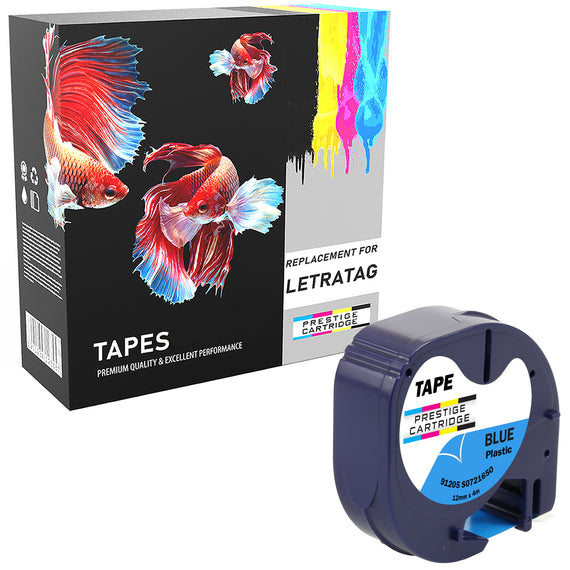 Prestige Cartridge™ Compatible LetraTag 91205 Black on Blue Plastic Tapes (12mm x 4m) for LetraTag LT110T, LT100H, LT100T, QX50, XR - Prestige Cartridge