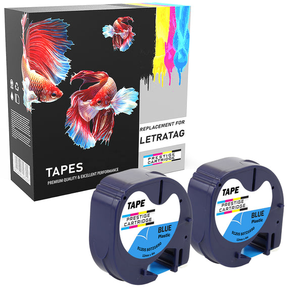 Prestige Cartridge™ Compatible LetraTag 91205 Black on Blue Plastic Tapes (12mm x 4m) for LetraTag LT110T, LT100H, LT100T, QX50, XR - Prestige Cartridge