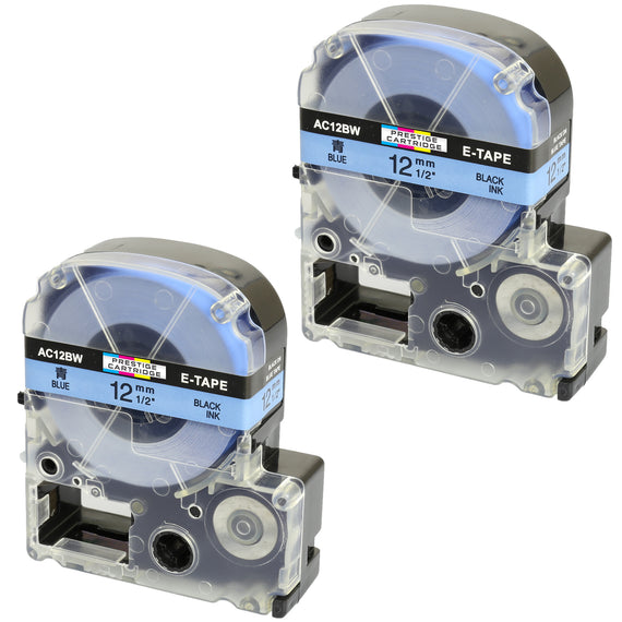 Prestige Cartridge™ Compatible AC12BW SC12BW Black on Blue Label Tapes (12mm x 8m) for LabelWorks Printing Machines - Prestige Cartridge