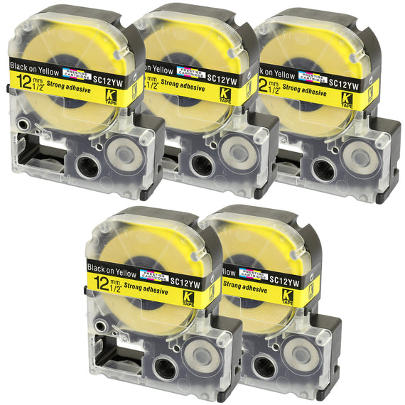 Prestige Cartridge™ Compatible AC12YW SC12YW Black on Yellow Label Tapes (12mm x 8m) for LabelWorks Printing Machines - Prestige Cartridge