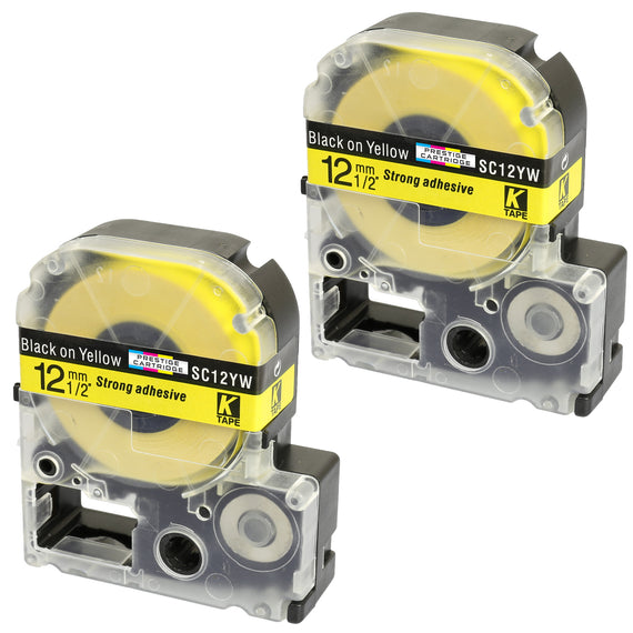 Prestige Cartridge™ Compatible AC12YW SC12YW Black on Yellow Label Tapes (12mm x 8m) for LabelWorks Printing Machines - Prestige Cartridge