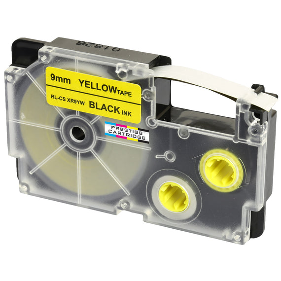 Prestige Cartridge™ Compatible Ribbon Casio XR-9YW XR-9YW1 Black on Yellow Label Tapes (9mm x 8m) for Casio Label Printing Machines - Prestige Cartridge