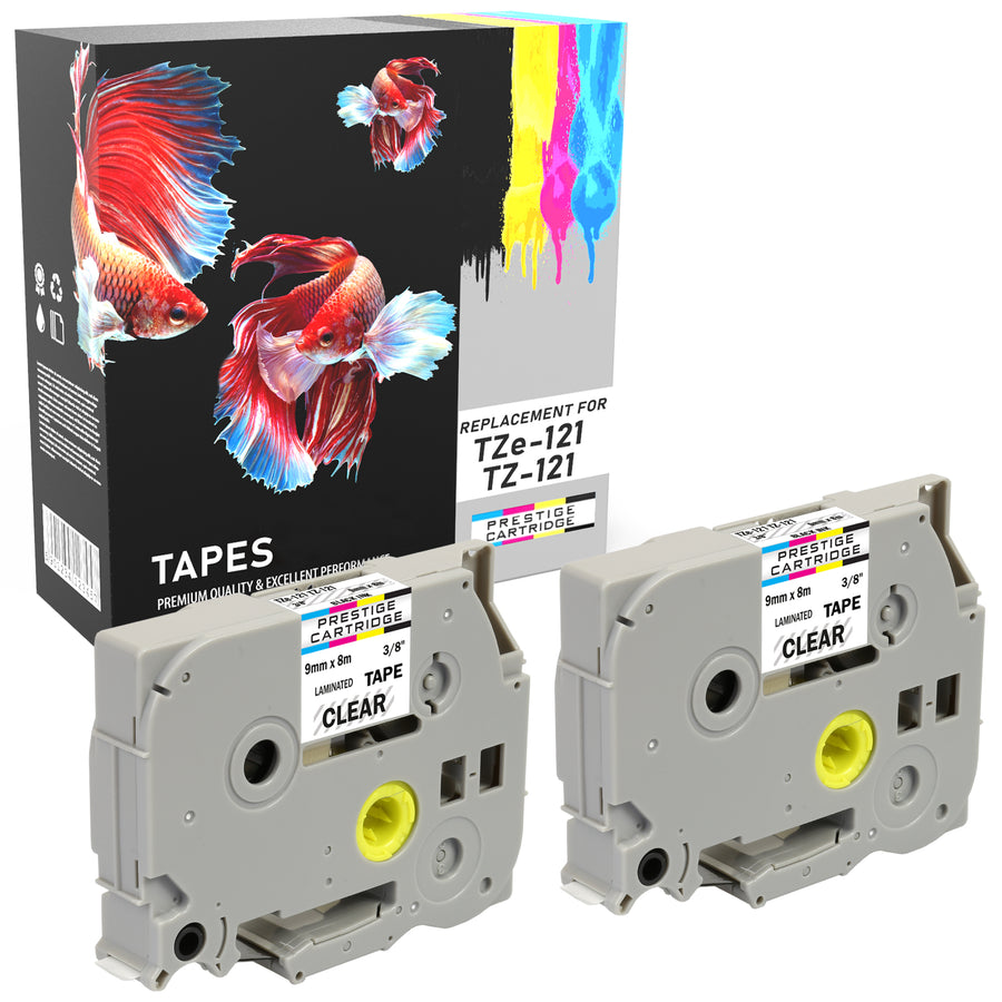 Prestige Cartridge™ Compatible TZ-121/TZe-121 Black on Clear Label Tapes (9mm x 8m) for Brother P-Touch Label Printing Machines - Prestige Cartridge