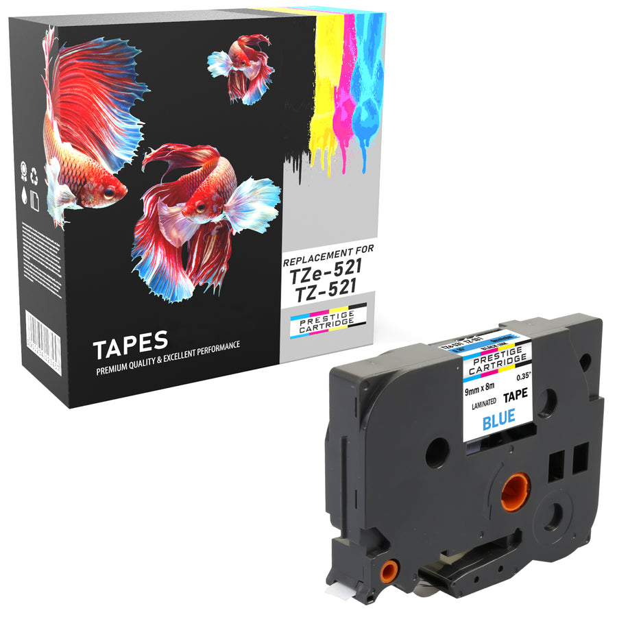 Prestige Cartridge™ Compatible TZ-521/TZe-521 Black on Blue Label Tapes (9mm x 8m) for Brother P-Touch Label Printing Machines - Prestige Cartridge