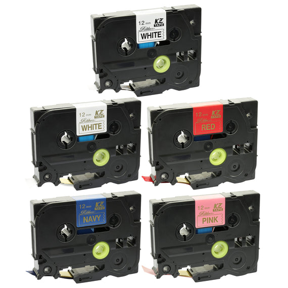 Prestige Cartridge™ 5-Pack Black on White & Gold on White/Red/Pink/Navy Blue Compatible Ribbon Tapes TZeR231 TZeR234 TZeRW34 TZeRE34 TZeRN34 12mm x 4m for Brother P-Touch PT-1000 H100 H105 H200 D200 D210 D400 D600 E100 - Prestige Cartridge