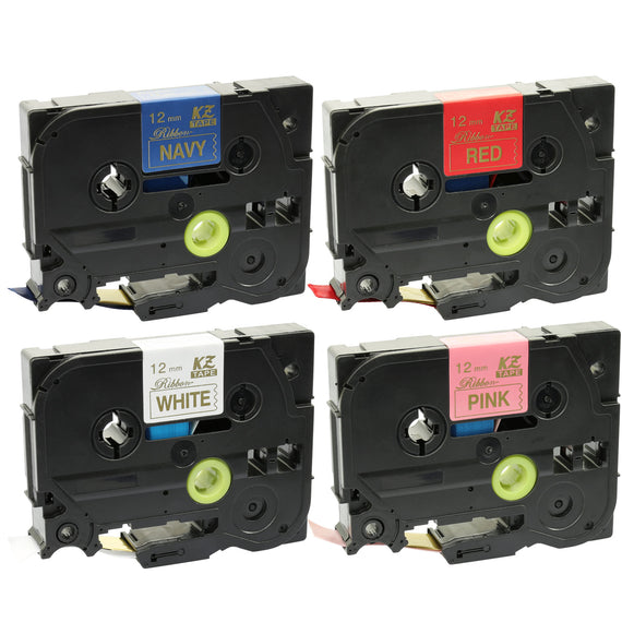 Prestige Cartridge™ 4-Pack Gold on White/Red/Pink/Navy Blue Compatible Ribbon Tapes TZeR234 TZeRW34 TZeRE34 TZeRN34 12mm x 4m for Brother P-Touch PT-1000 H100/LB/R H200 D200/BW/VP D210/VP D400VP D600VP E100/VP P700 P750W - Prestige Cartridge