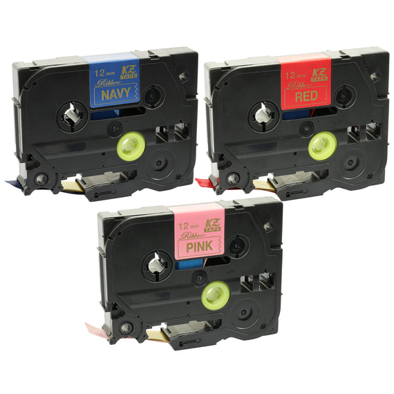 Prestige Cartridge™ 3-Pack Gold on Red/Pink/Navy Blue Compatible Ribbon Tapes TZeRW34 TZeRE34 TZeRN34 12mm x 4m for Brother P-Touch PT-1000 H100/LB/R H200 D200/BW/VP D210/VP D400/VP D600/VP E100/VP E550/W/WVP P700 P750W - Prestige Cartridge