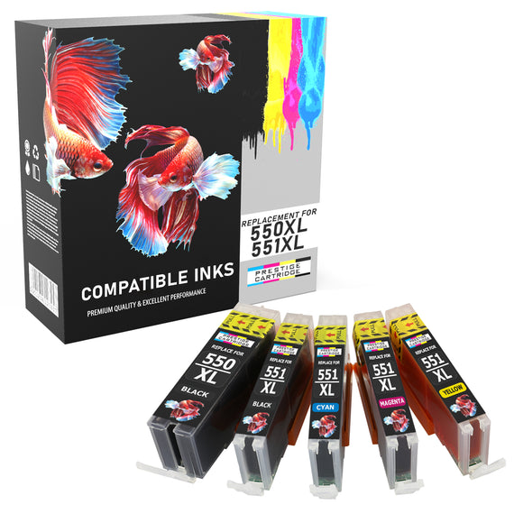 Prestige Cartridge™ Compatible PGI-550XL (Black) CLI-551XL (Black, Cyan, Magenta, Yellow) Ink Cartridges for Canon Pixma iP7150, iP7250, iP8750, iX6850, MG5450, MG5550, MG5650, MG6350, MG6450, MG6650, MG7150, MG7550, MX725, MX925 - Prestige Cartridge